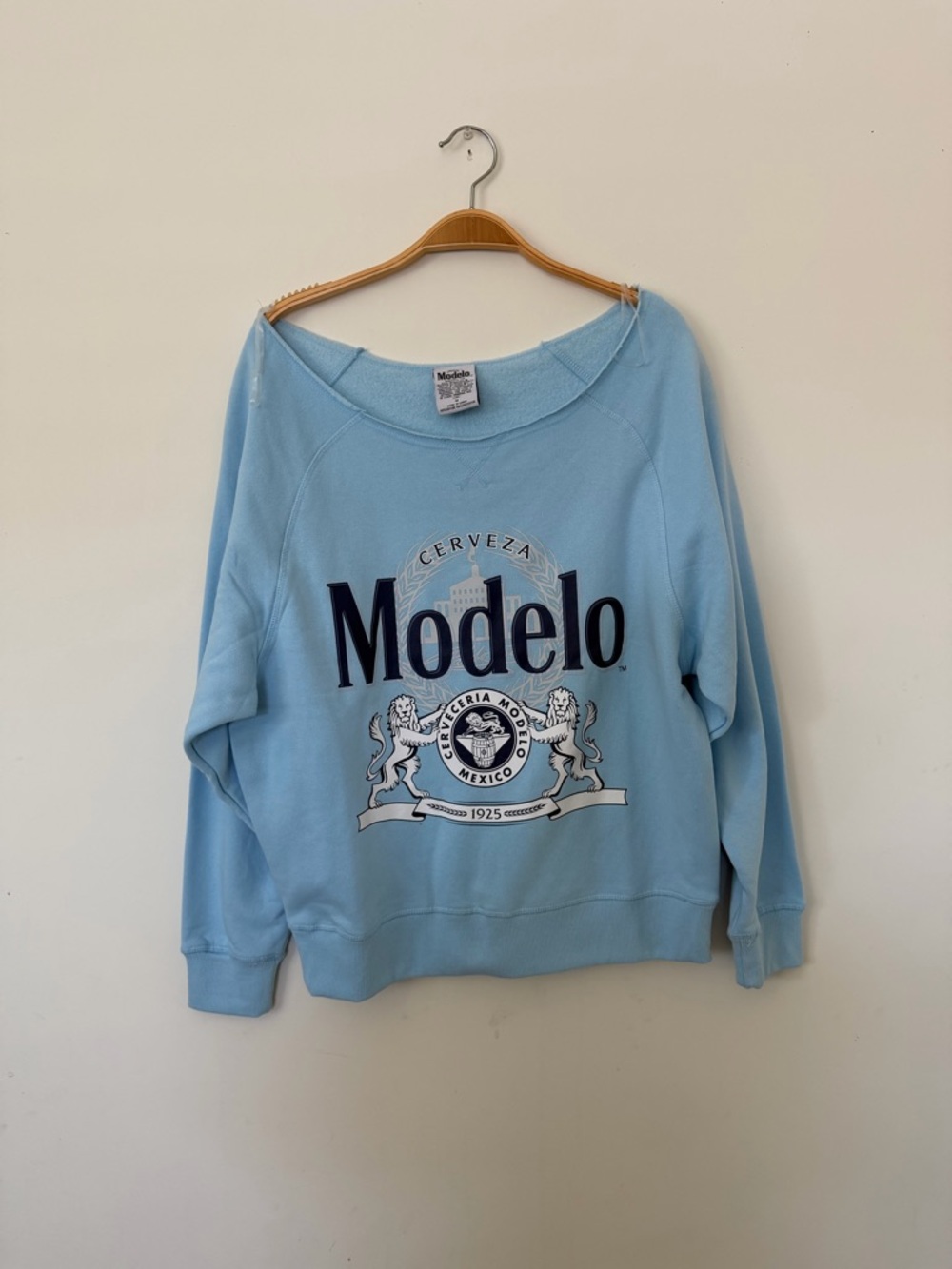 ModelCo Light Blue 'Cerveza' Graphic off shoulder Crewneck